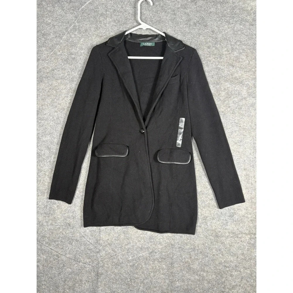 Lauren Ralph Lauren‎ Faux Leather Trim Knit Jacket - Small